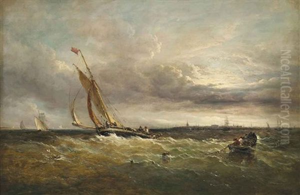 Fishing Vessels In A Steady Breeze Off Harwich Oil Painting by John Moore Of Ipswich