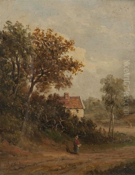 Figures On A Country Lane Beside Cottages (pair) Oil Painting by John Moore Of Ipswich