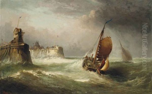 A Lugger In A Strong Breeze Off The Entrance To The Harbour At Calais Oil Painting by John Moore Of Ipswich