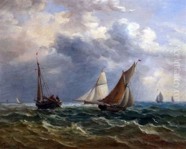 Fishing Boats At Sea Oil Painting by John Moore Of Ipswich