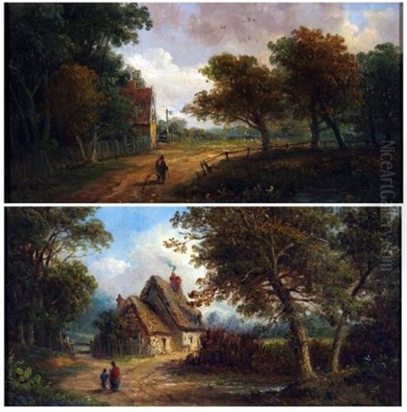 Mother And Child In A Country Lane And Roydon Common, Diss (pair) Oil Painting by John Moore Of Ipswich