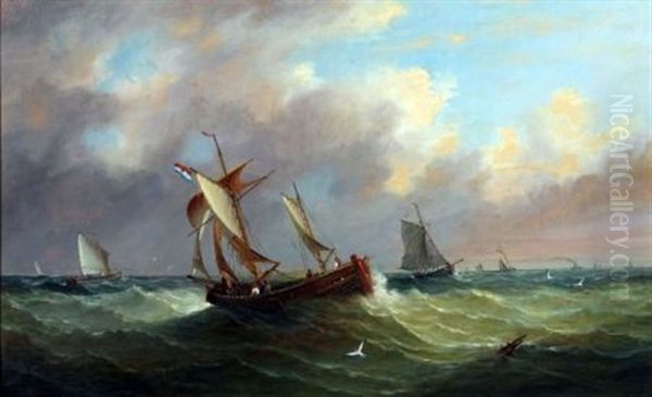 Fishing Vessels Off A Coast by John Moore Of Ipswich