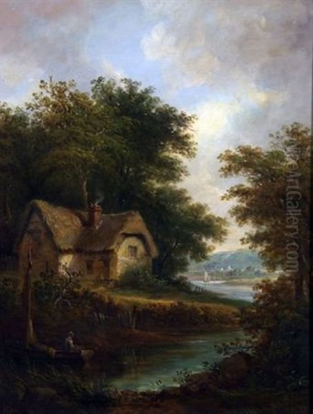 River Landscape With Figures In Boat By A Cottage Oil Painting by John Moore Of Ipswich