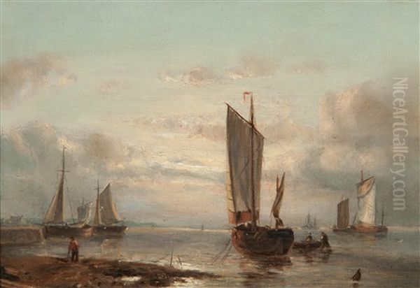 Harbour Scene With Figures Oil Painting by John Moore Of Ipswich