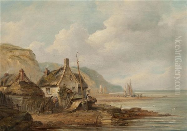 Figures And Cotage On The Beach At Sidmouth Oil Painting by John Moore Of Ipswich