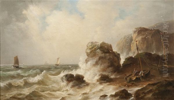 Northumbrian Coast Scene With Stormy Seas Oil Painting by John Moore Of Ipswich