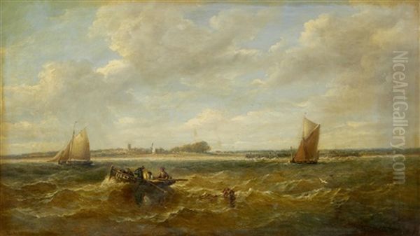 Boats In A Choppy Sea Off The East Anglian Coast Oil Painting by John Moore Of Ipswich