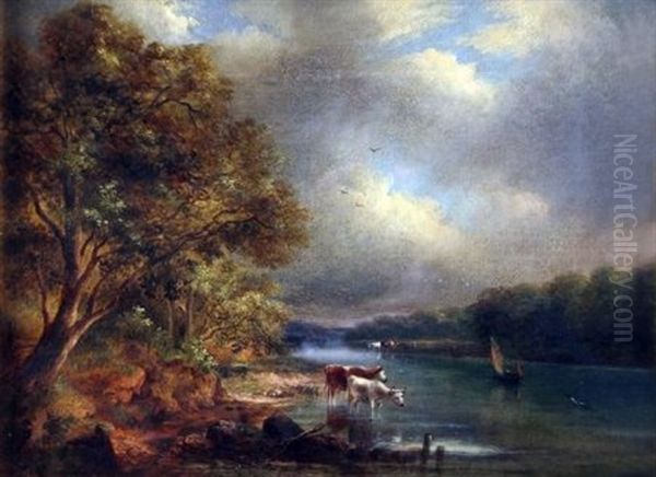 Wooded River Landscape With Cattle Watering by John Moore Of Ipswich