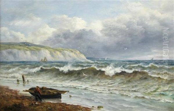 A Fisherman Contemplating A Stormy Sea Oil Painting by John Moore Of Ipswich