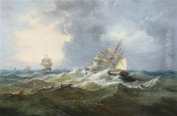 A Merchantman Caught In A Squall Oil Painting by John Moore Of Ipswich