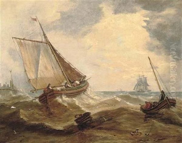 Fishermen Hauling In Their Nets Off A Pier Oil Painting by John Moore Of Ipswich