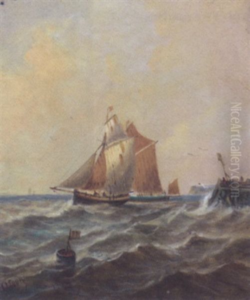 Fishing Schooners Coming Out Of Port (newhaven?) Oil Painting by John Moore Of Ipswich