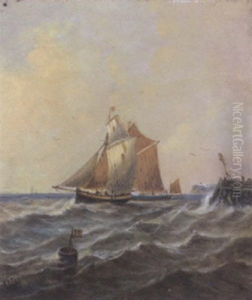 Fishing Schooners Coming Out Of Port, (newhaven?) Oil Painting by John Moore Of Ipswich