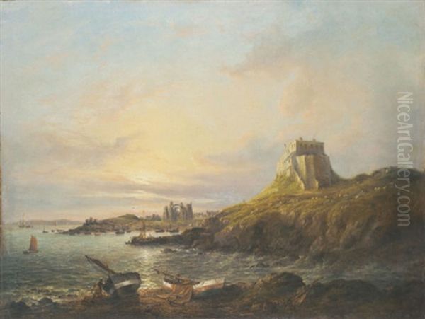 Morning, Holy Island Bay And Castle With Bamborough And The Farne Islands In The Distance Oil Painting by John Moore Of Ipswich