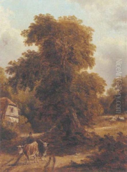 A Cattle Drover By A Cottage Oil Painting by John Moore Of Ipswich