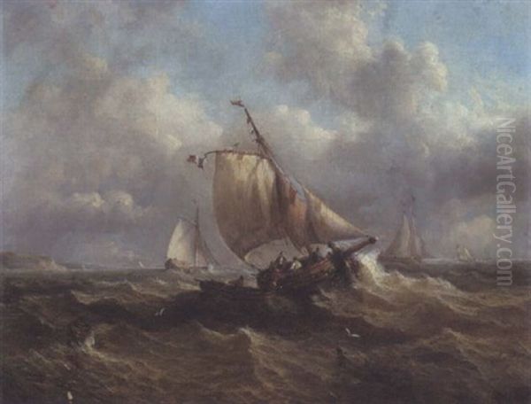 French Shipping In A Swell Oil Painting by John Moore Of Ipswich