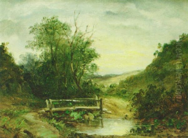 A Footbridge By A Pond Oil Painting by John Moore Of Ipswich