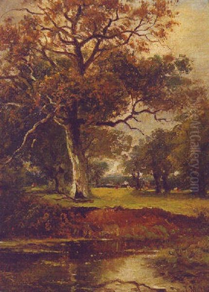 A Wooded River Landscape Oil Painting by John Moore Of Ipswich