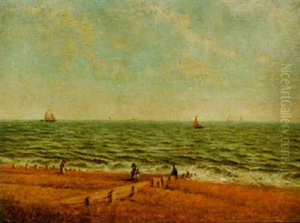 A Coastal View With Figures Walking On The Beach In The Foreground Oil Painting by John Moore Of Ipswich