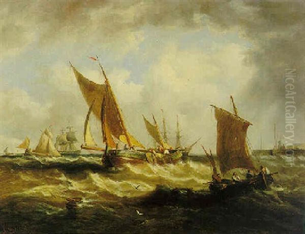 Fishing Boats In A Swell Oil Painting by John Moore Of Ipswich