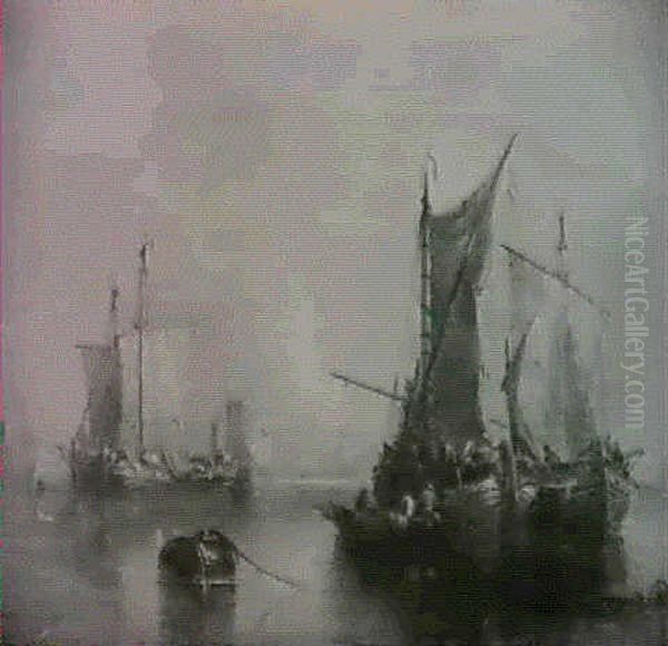 Fishing Vessels In A Calm Oil Painting by John Moore Of Ipswich