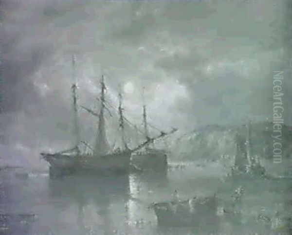 A Moonlit Coastal Scene With Fishermen And Beached Boats Oil Painting by John Moore Of Ipswich