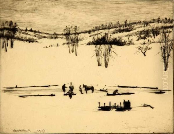 Ice Cutting, Shank Painter Pond Oil Painting by William Henry Warren Bicknell