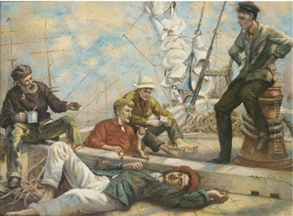 A Ship's Crew Relaxing On The Foredeck In The Sun Oil Painting by A. Harvey Moore