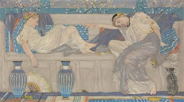 Two Female Figures Reclining On A Sofa Oil Painting by Albert Joseph Moore