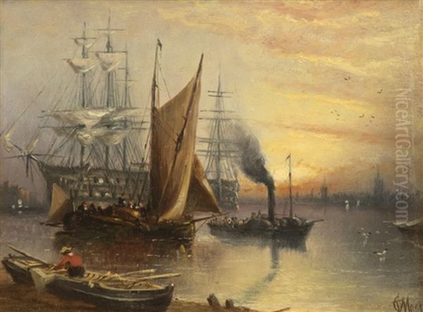 Ships In Harbor With Fisherman In Foreground Oil Painting by Claude T. Stanfield Moore