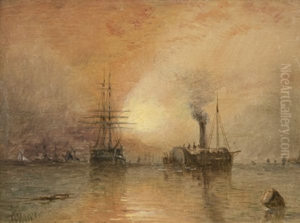 Ships In Harbor At Sunset Oil Painting by Claude T. Stanfield Moore