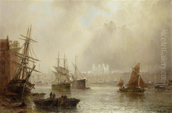 Shipping On The Thames With The Tower Of London Beyond Oil Painting by Claude T. Stanfield Moore