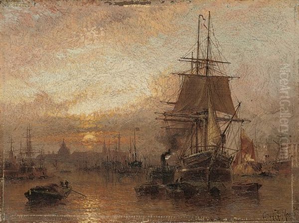 Shipping In The Pool Of London At Dusk Oil Painting by Claude T. Stanfield Moore