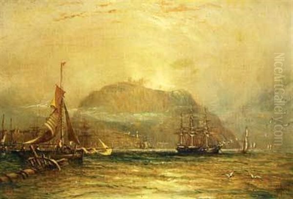 Shipping Off A Harbour, A Clifftop Castle Emerging Through The Mist by Claude T. Stanfield Moore