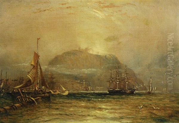 Shipping Off A Harbour, A Clifftop Castle Emerging Through The Mist Oil Painting by Claude T. Stanfield Moore