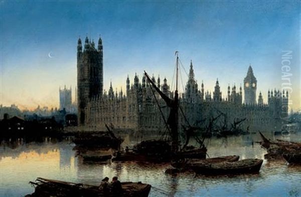 Houses Of Parliament, Westminster Oil Painting by Claude T. Stanfield Moore