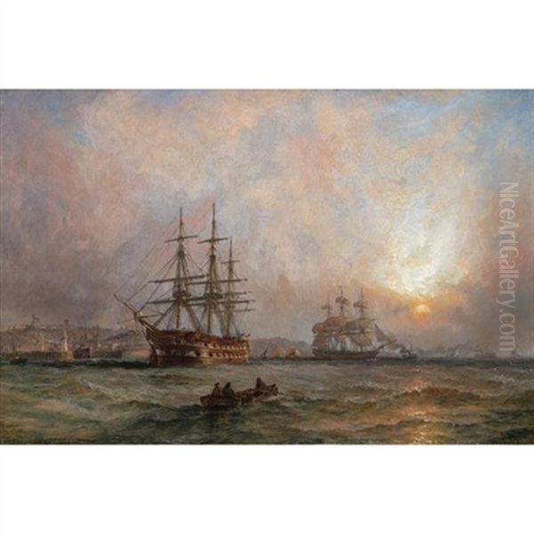 A Man Of War At Anchor Off Scarborough Oil Painting by Claude T. Stanfield Moore