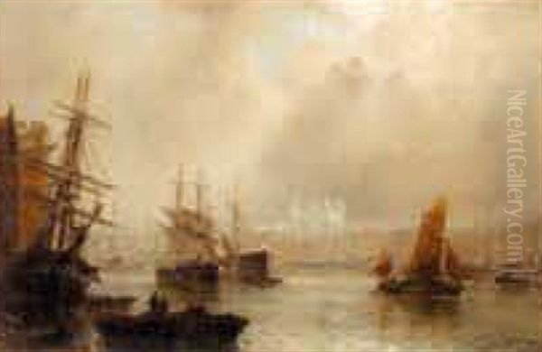 Shipping On Thames River Near The Tower Of London Oil Painting by Claude T. Stanfield Moore