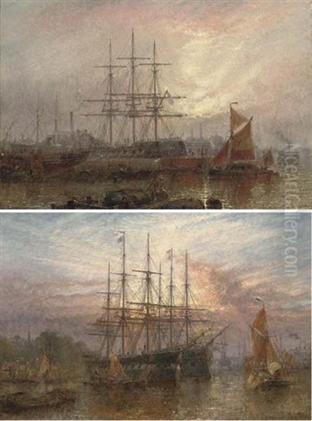 Repairing Dock, East Greenwich (+ Lying At Anchor At Dusk, East Greenwich, 1980; Pair) Oil Painting by Claude T. Stanfield Moore