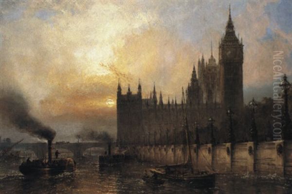 Houses Of Parliment From The Thames Embankment Oil Painting by Claude T. Stanfield Moore