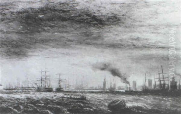 Portsmouth Harbour With H.m.s. Victory Beyond Oil Painting by Claude T. Stanfield Moore