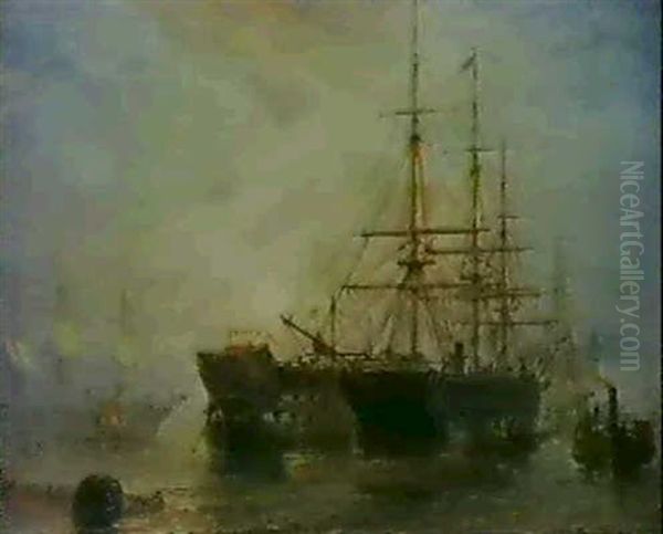 Her Majesty's Troop-ships Receiving Stores In Portsmouth    Harbour Oil Painting by Claude T. Stanfield Moore