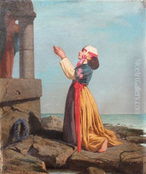 Young Maiden Of Eastern European Descent Praying Before A Madonna And Child With Ocean Waves In The Background Oil Painting by Ernest Moore