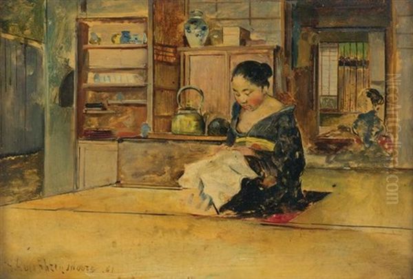 Mending At Home Oil Painting by Harry Humphrey Moore