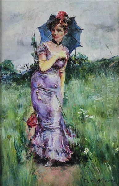 Young Beauty With Parasol In The Country Oil Painting by Harry Humphrey Moore