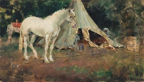 Horses At An Encampment Oil Painting by Harry Humphrey Moore