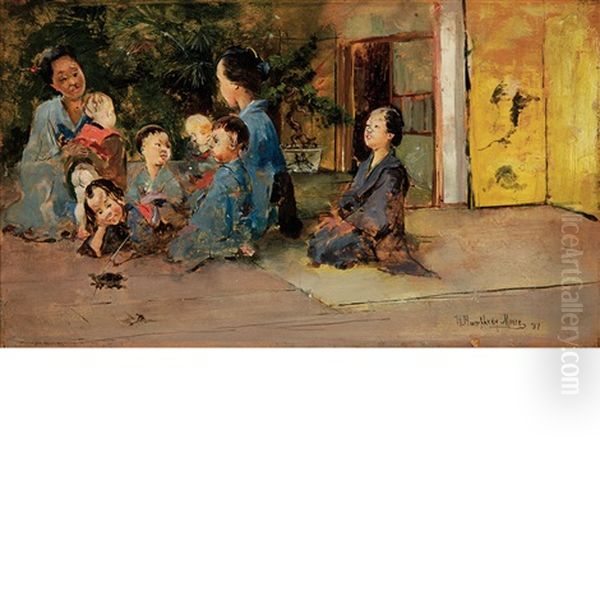 Japanese Children With Tortoise Oil Painting by Harry Humphrey Moore