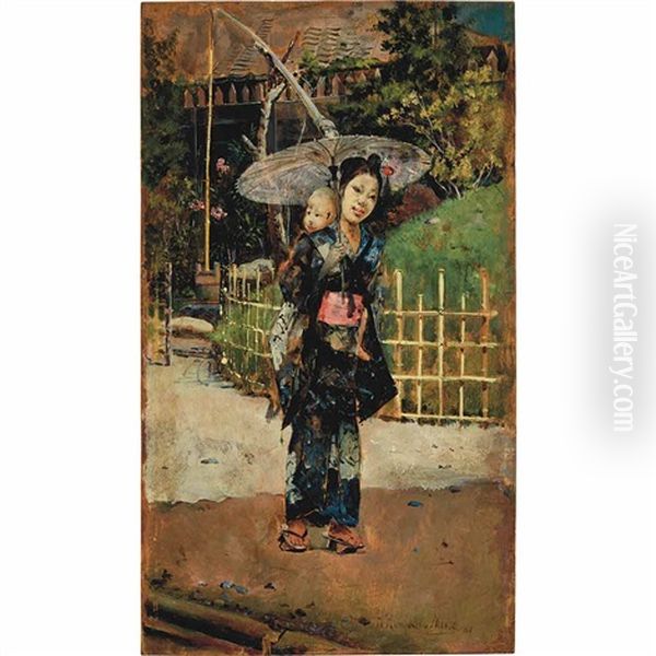 Japanese Girl Promenading Oil Painting by Harry Humphrey Moore