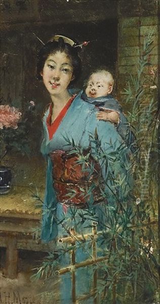 Japanese Mother And Child Oil Painting by Harry Humphrey Moore