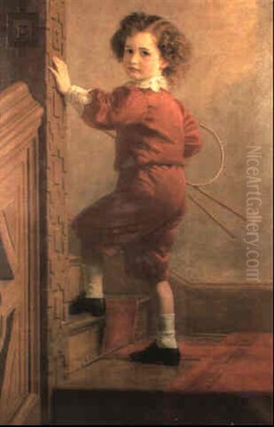 Portrait Of The Hon. Henry Caversham, Full Length Climbing  Stairs, Wearing Red Knickerbockers And Shirt With Lace Oil Painting by John Collingham Moore